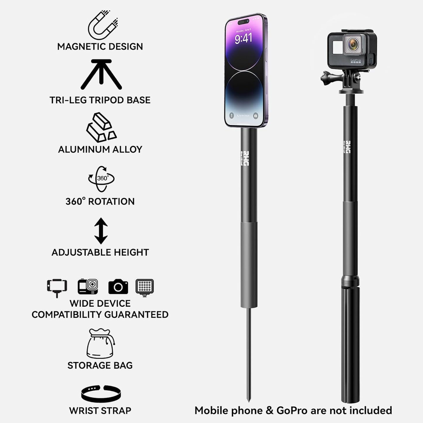 Golf Monopod Stick, Golf Swing Phone Holder, 46" Magnetic Aluminum Alloy Selfie Stick w/Tri-Leg Tripod Base Spike Stake Mount, Compatible w/iPhone Camera Magsafe, Golf Training Aid