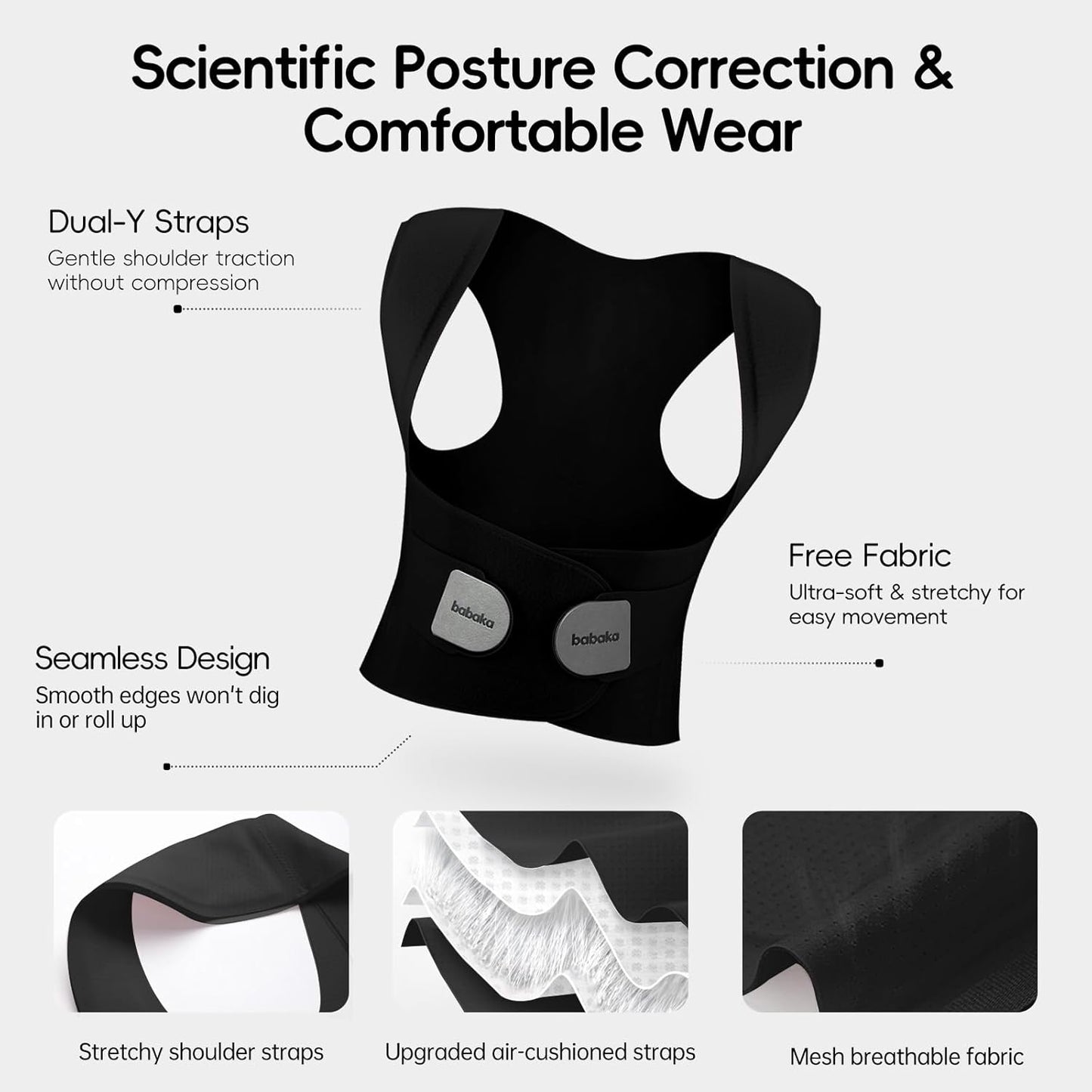 babaka Posture Corrector for Women, Invisible Lightweight Adjustable Back Brace for Upper and Lower Back Pain Relief, Hunchback, Hump, Scoliosis, Thoracic, Spine Corrector Under Clothes (Black, Medium)