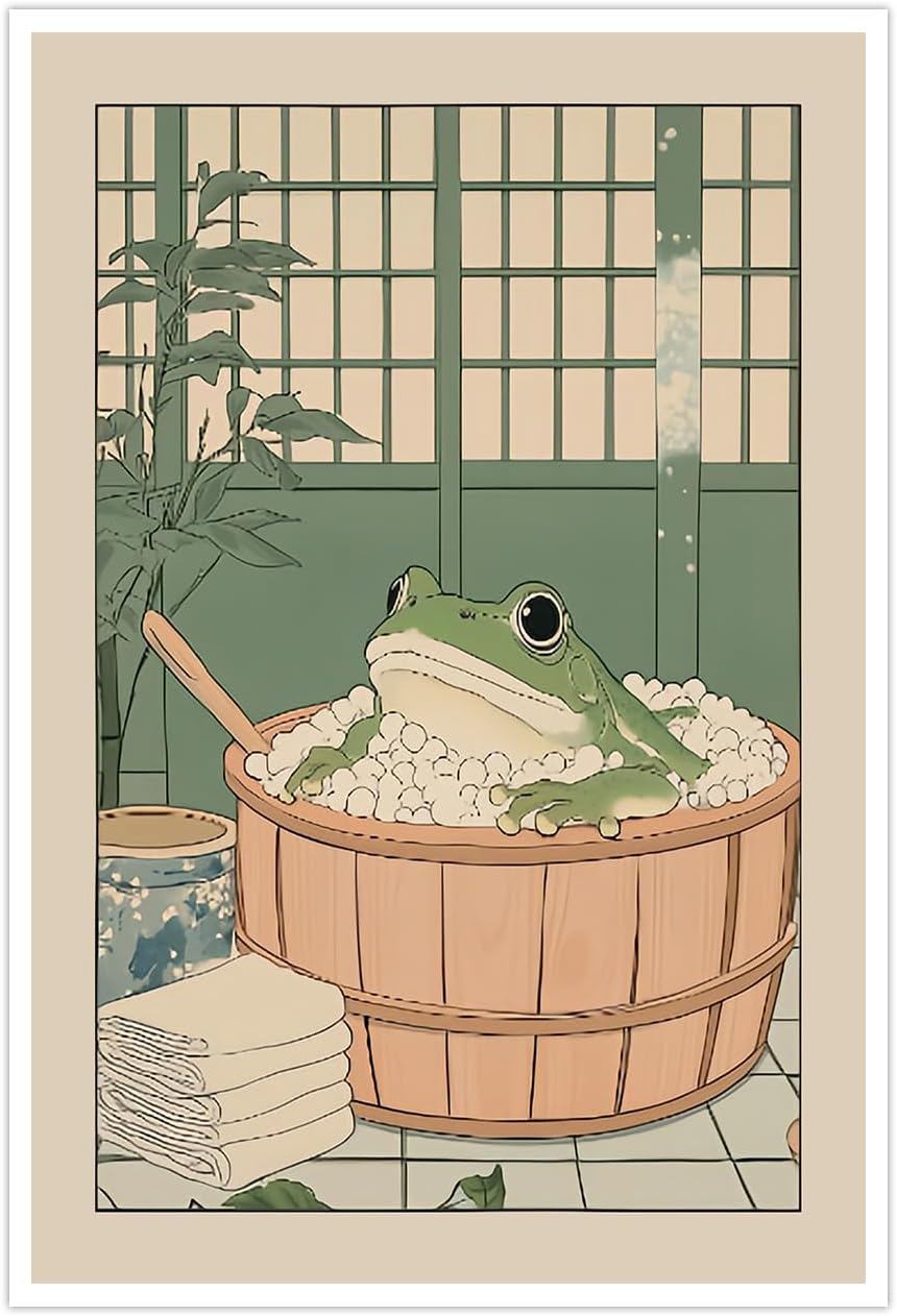 Funny Bathroom Wall Art Japanese Aesthetic Frog in a Bathtub Posters Cute Animal Canvas Prints Vintage Neutral Minimalist Wall Decor for Apartment Dorm 12x16in Unframed