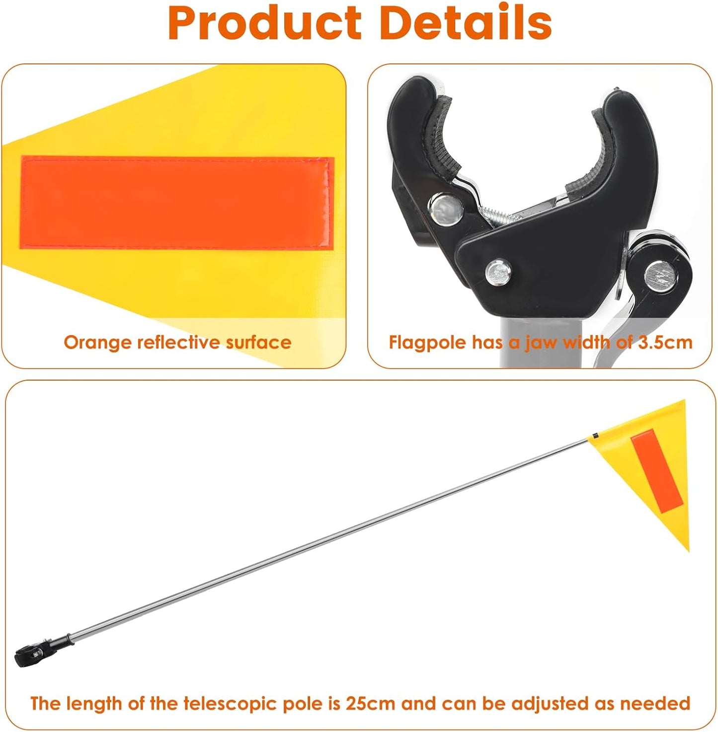 Golf Cart Flag Pole Reflective Safety Flag 22X30cm Yellow Triangular Flag with 25cm Pole and 8mm Buckle
