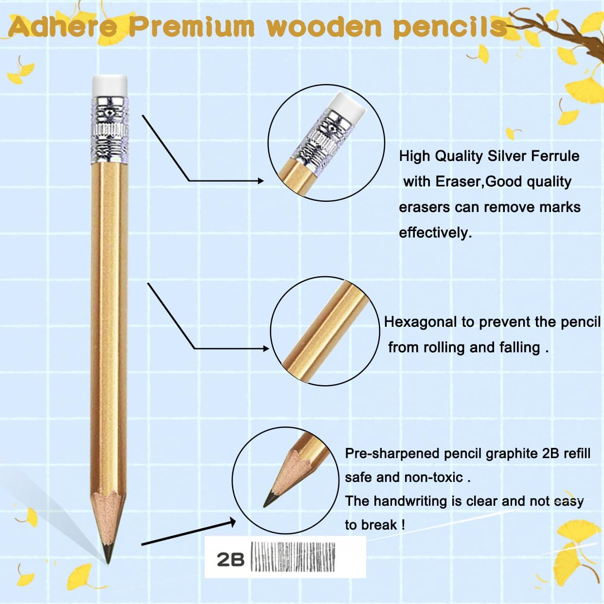 Adhere 50pcs Golf Pencils with eraser Hexagon Wooden Pencils Graphite 2B for Golf Event Scoring,Classroom,Wedding,Company Meetings,Pew, Pocket (z-Gold・Hexagon・50pcs)