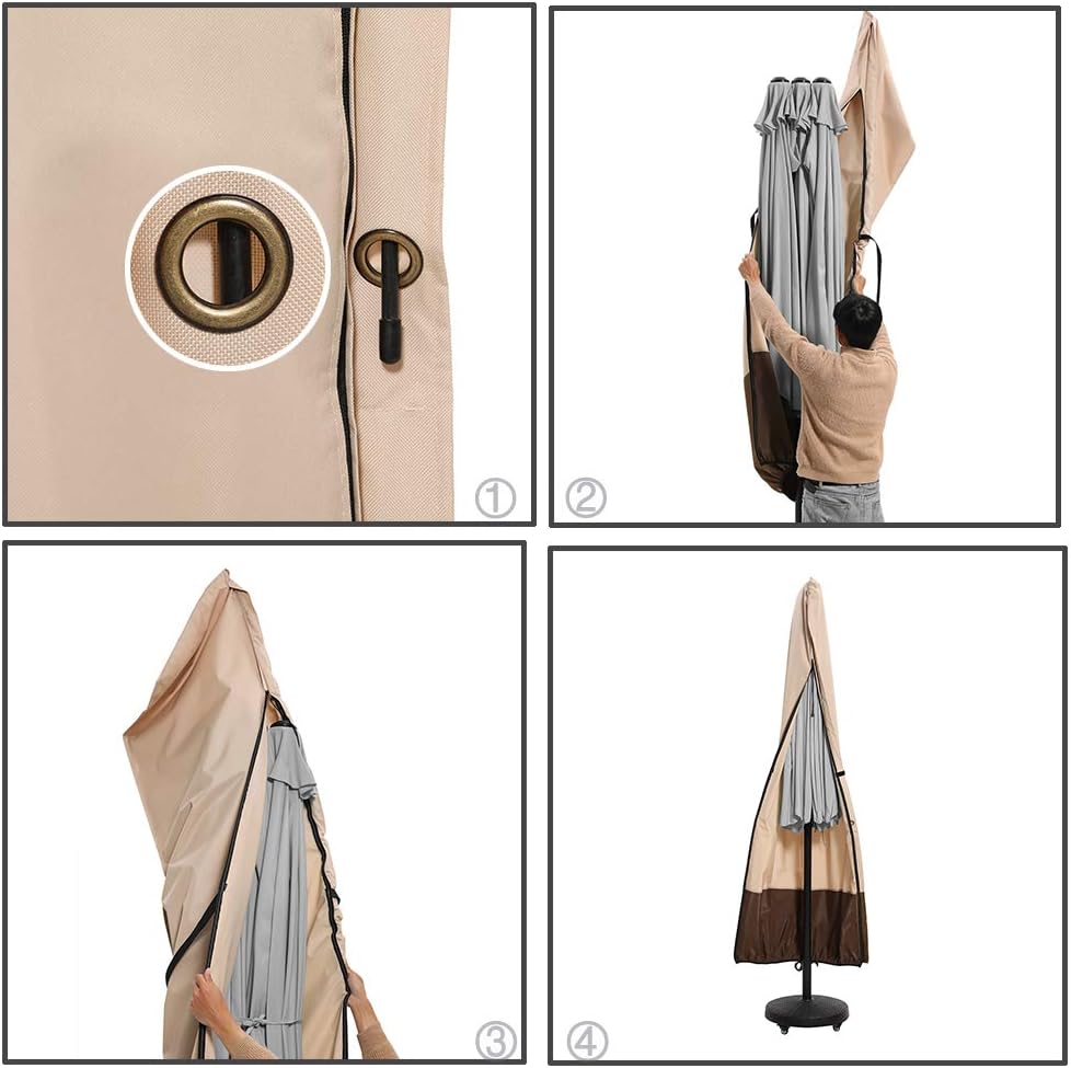 SUPERJARE Patio Umbrella Cover with Rod for 7 to 11 Ft Umbrellas & 15 Ft Double-Sided Umbrellas, 600D Protective Waterproof Cover with Zipper, Beige & Brown