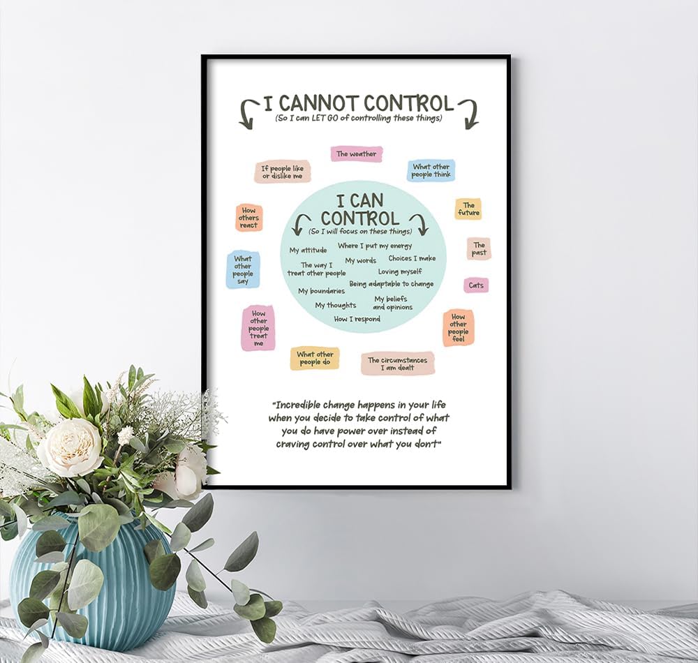 uoyien Growth Mindset Mental Health Posters I Cannot Control and I Can Control Positive Affirmations Charts Canvas Wall Art Kids Educational Prints For Calming Corner Decorations Framed 16x24in