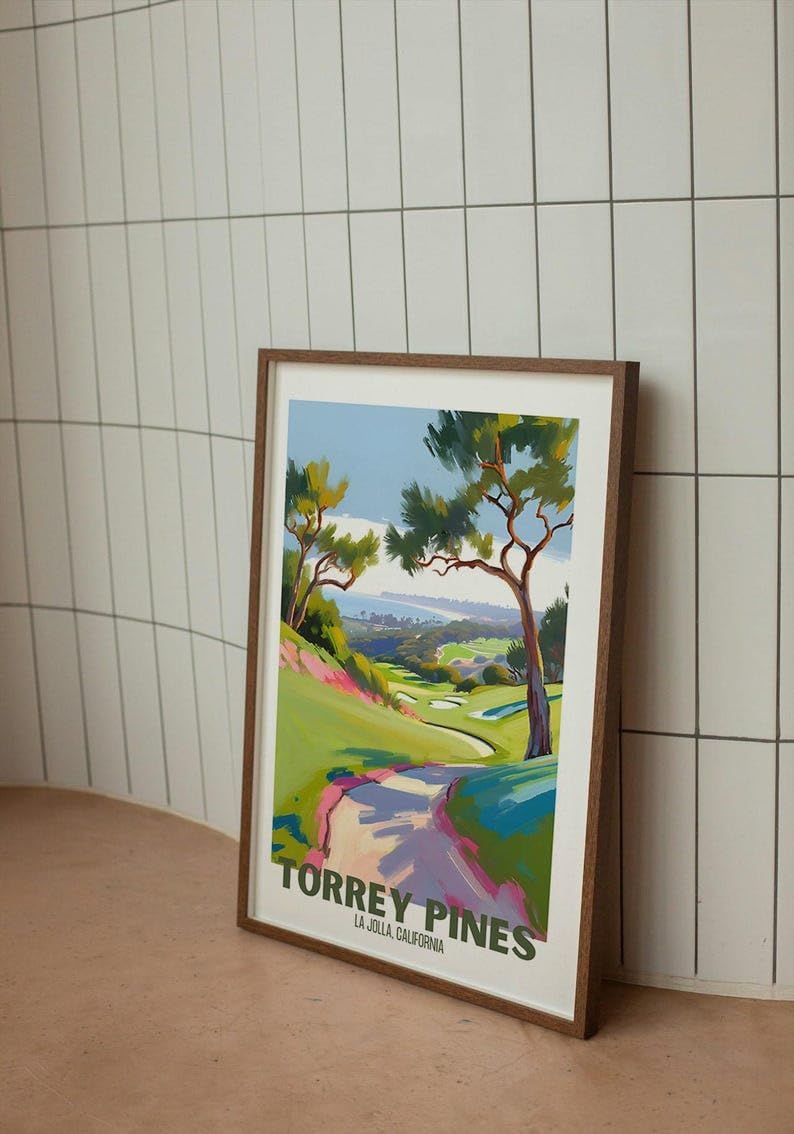Nationcog Torrey Pines Golf Course Poster, Vintage California Travel Wall Art Print, Retro Coastal Landscape Painting, Retro Golf Artwork for Dog Lovers, Husband, or Golf Friends (Unframed) (12x18)
