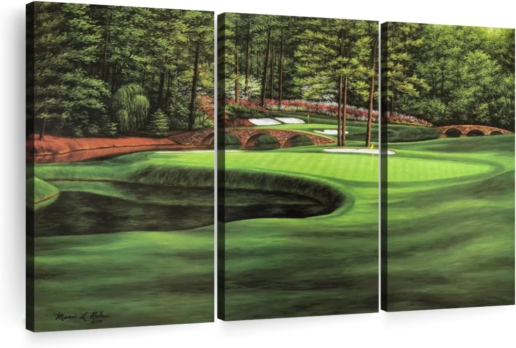 ElephantStock Augusta National 11th Hole I Wall Art - Horizontal Canvas - 3-Piece Living Room Wall Decor - Painting Sports Canvas Print - Green and Brown Decor for Wall by Marci Rule - 65" X 42"