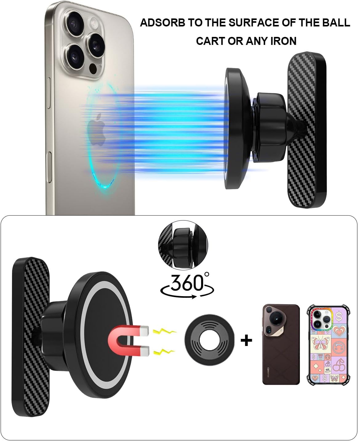 Magnetic Golf Cart Phone Holder - N52 Super Strong Magnet, 360 ° Rotatable, Anti Shake Design, Compatible with iPhone 17 Pro Max/Galaxy, Suitable for Club Cars/Gyms/Yamaha, Trucks, EZGO