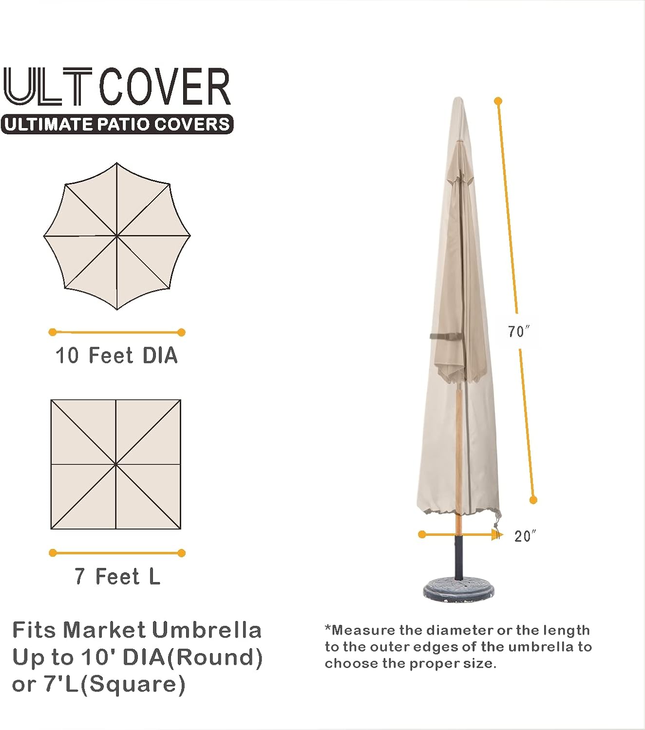 ULTCOVER Patio Parasol 600D Waterproof Outdoor Market Umbrella Cover - Fits Market Umbrella 7-10 Feet