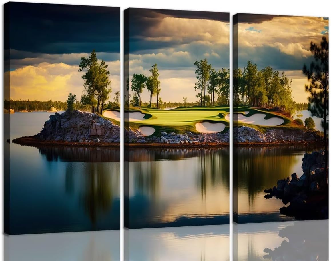 USA Golf Course Wall Art for Living Room Bedroom Bathroom Home Decorations Golf Course Pictures Posters Print on Canvas Modern Artwork Framed Ready to Hang(12''W x 24''H x3)