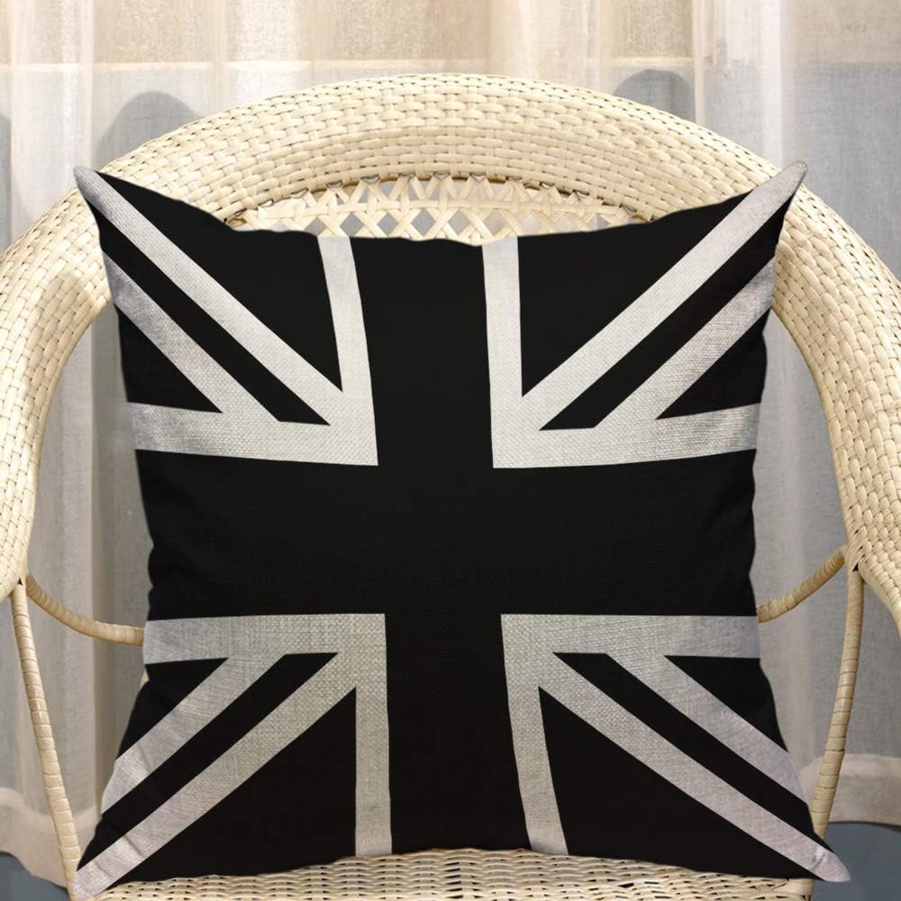 Mugod Union Jack Throw Pillow United Kingdom Flag Geometric Pattern Black and White Cotton Linen Square Cushion Cover Standard Pillowcase 18x18 Inch for Home Decorative Bedroom/Living Room/Car
