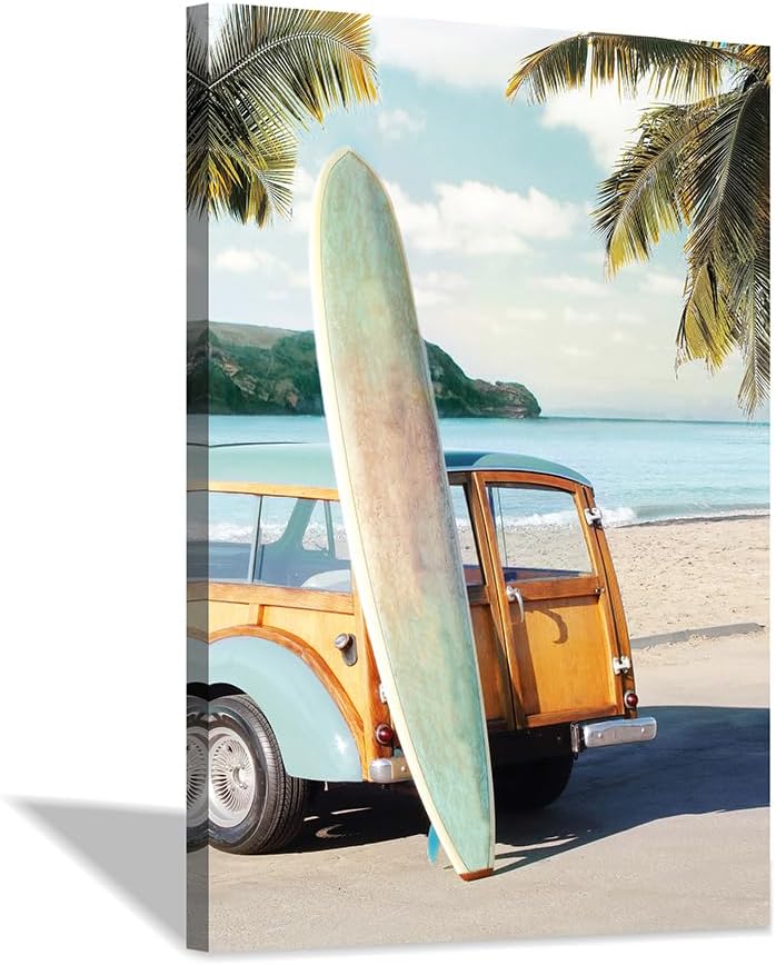 coastal wall art surfboard pictures: beach car wall decor seaside artwork surfing ocean print in beach canvas painting for living room 45" x 30"