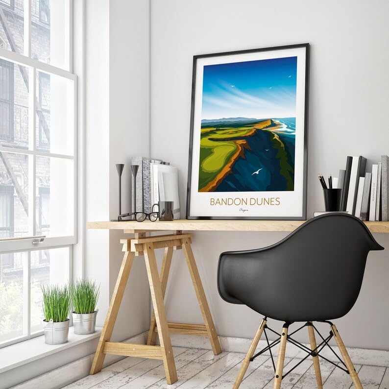 Nationcog Bandon Dunes Golf Print – Oregon; Bandon Dunes Golf Poster; Bandon Dunes Oregon Art; Coastal Golf Course Print; Golf Course Cliffside Illustration (Unframed) (16x24)