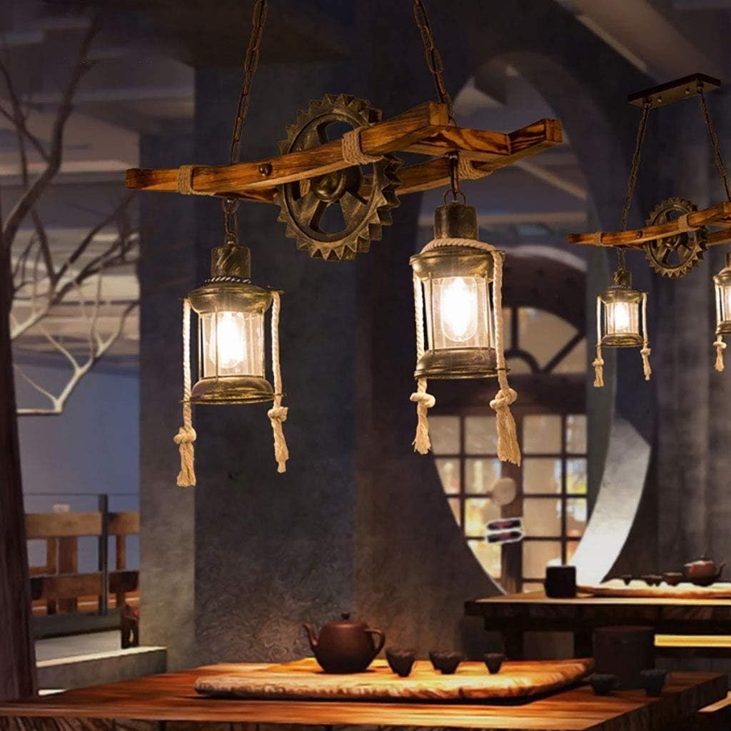 Wood Retro Pendant Lighting Industrial Vintage Chandelier Black Metal Bedroom Restaurant Suspension Lamp Cage Frame with Glass Shade House Loft Bar Coffee Decoration Ceiling Lights Fitting, E2
