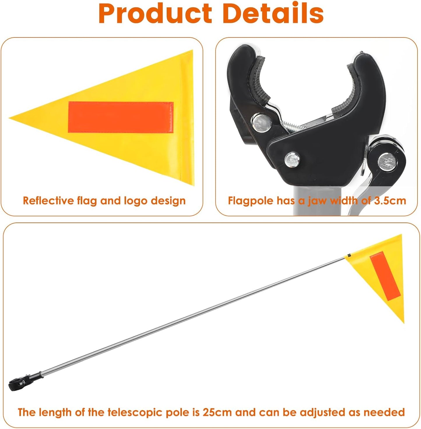Golf Cart Flag Pole Reflective Safety Flag 22X30cm Yellow Triangular Flag with 25cm Pole and 8mm Buckle