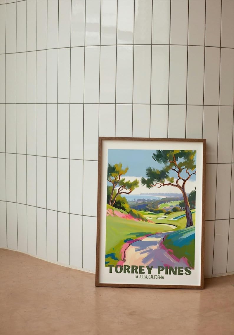 Nationcog Torrey Pines Golf Course Poster, Vintage California Travel Wall Art Print, Retro Coastal Landscape Painting, Retro Golf Artwork for Dog Lovers, Husband, or Golf Friends (Unframed) (9x11)