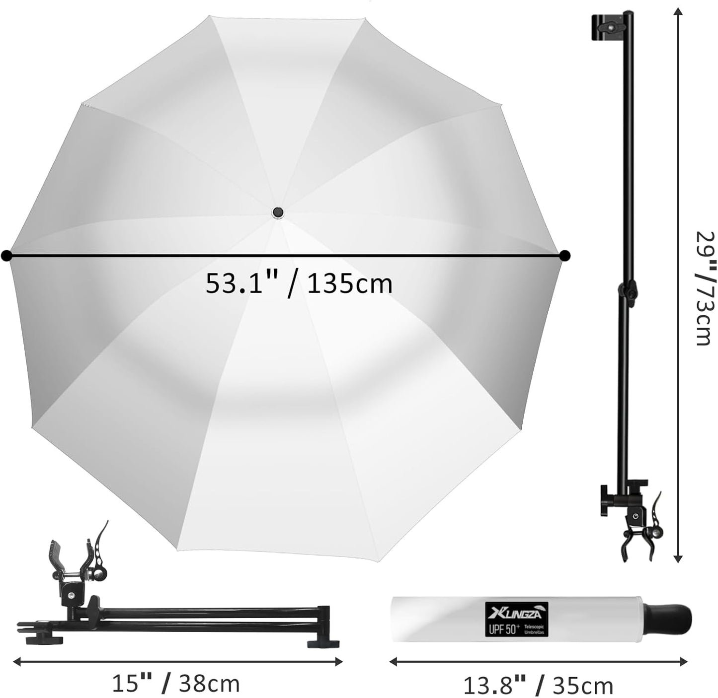 UPF 50+ Beach Umbrella with Adjustable Universal Clamp
