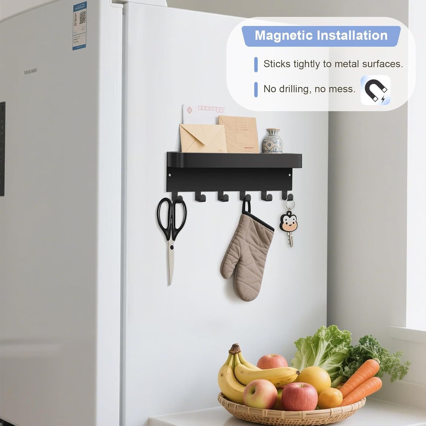 RELBRO Magnetic Key Holder for Fridge, Metal Wall Mount Key Rack with Shelf, 6 Hooks, 2 Installation Options, Black