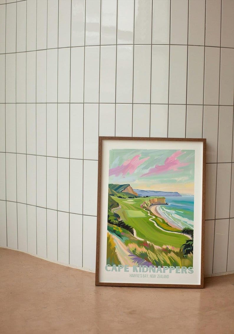 Nationcog Golf Wall Art Print, Cape Kidnappers New Zealand Golf Course Poster, Scenic Coastal Painting, Trendy Sports Decor, Vintage Golf Artwork, Ideal Gift for Golf Lovers (Unframed) (12x18)