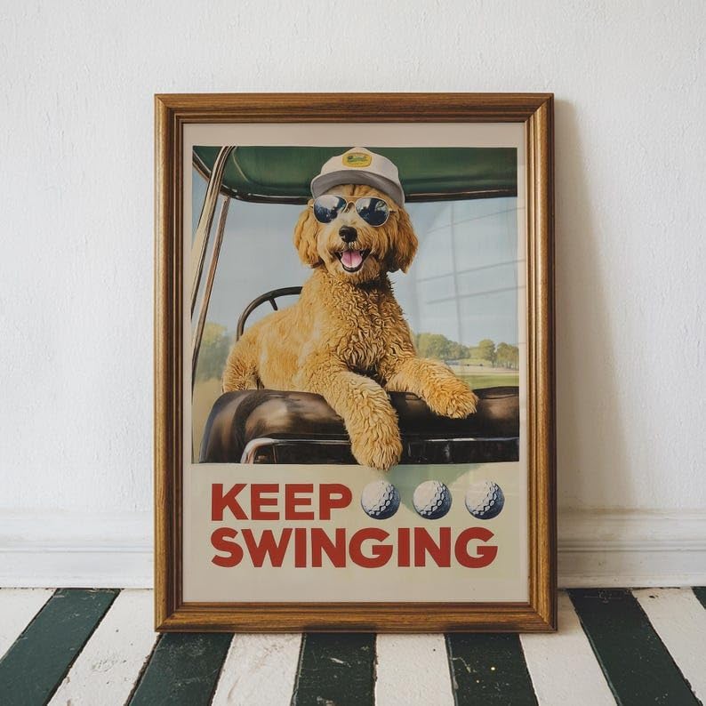Funny Goldendoodle Golf Wall Art, Vintage Retro Dog Sports Print for Bar, Office or Home Decor, Keep Swinging Inspirational Golfer Artwork (Unframed) (12x18)