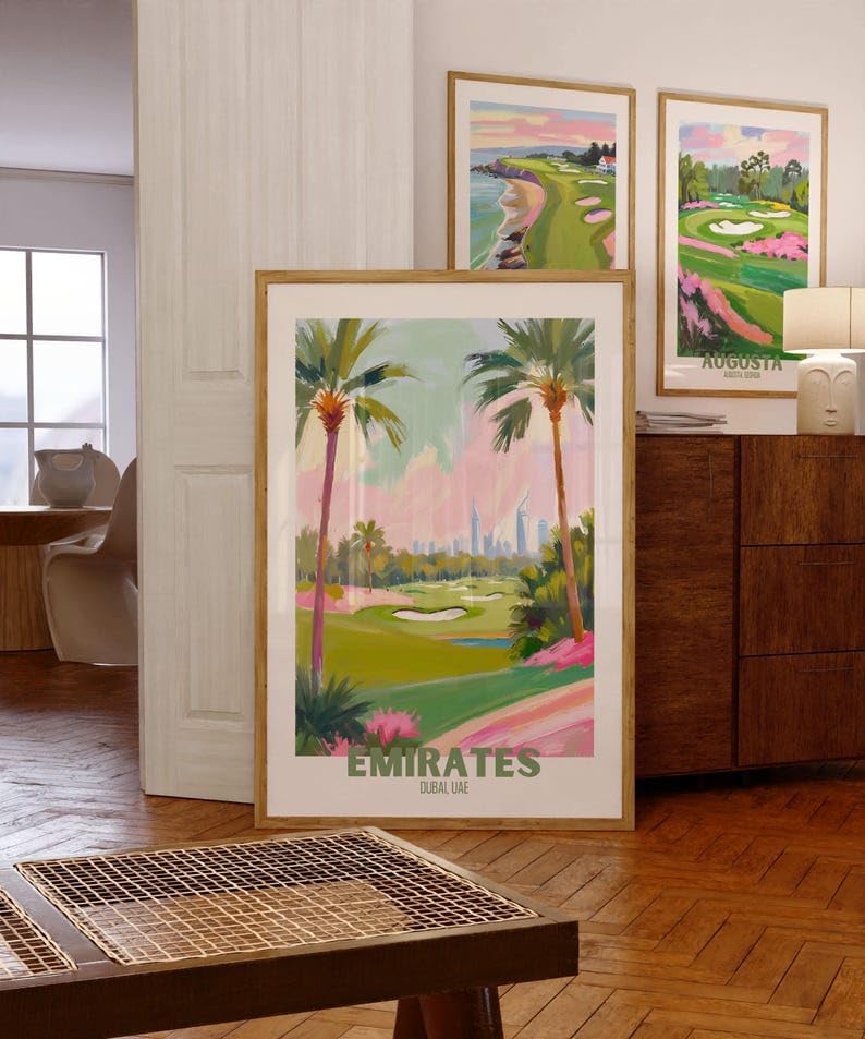 Golf Wall Art Print, Emirates Dubai UAE Golf Course Poster, Colorful Impasto Painting, Modern Sports Decor, International Artwork, for Golf Enthusiasts (Unframed) (16x24)