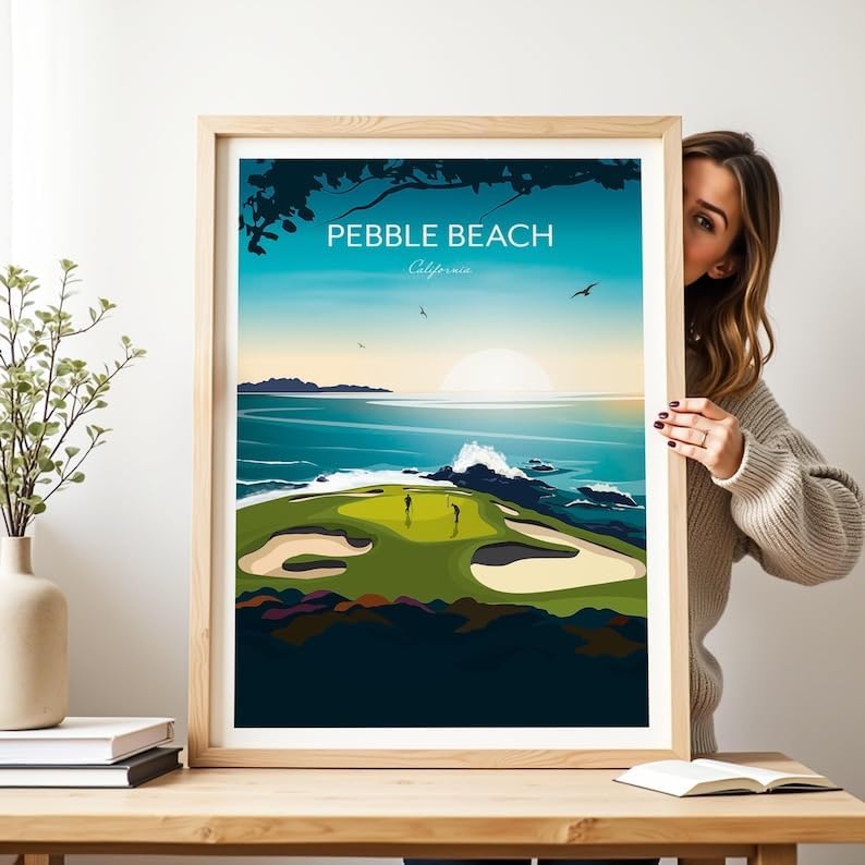 Nationcog Pebble Beach, California Golf Print - US Open Golf Travel Poster, Pebble Beach Golf Poster, California Golf Course Art, Scenic Ocean Golf Print, Luxury Golf Resort Decor (Unframed) (27x40)