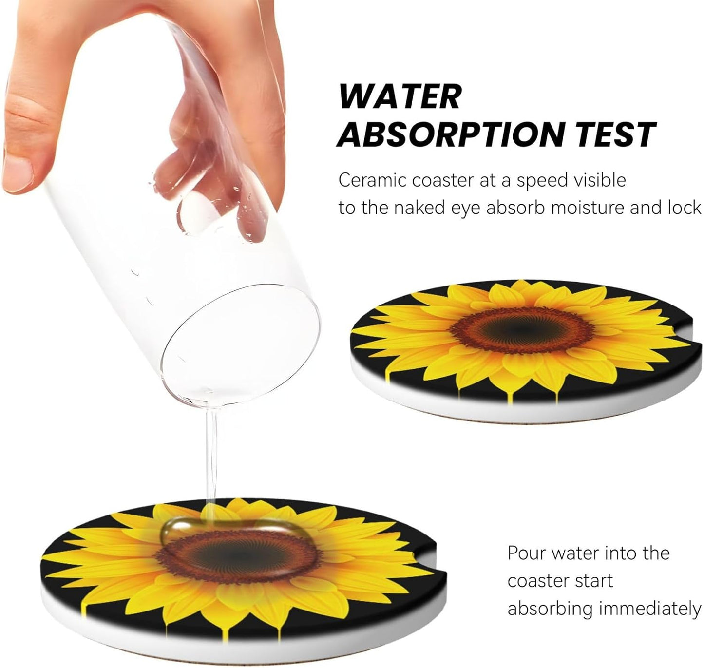 Car Cup Holder Coasters, Sunflower Sun Flower Car Coasters for Cup Holder Drinks, 2 Pack Ceramic Cute Auto Interior Accessories for Women Men