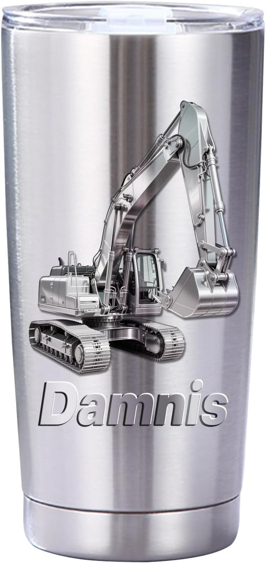 Personalized 3D Excavator Stainless Steel Silver Tumbler Mug for Kids Boys, Custom Name Excavator Tumbler Mug for Construction Lover, Kids Boy Birthsday Gift
