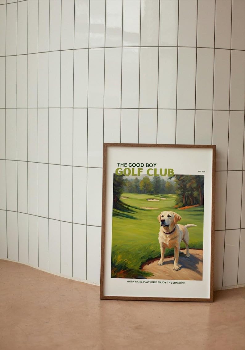 Nationcog Good Boy Golf Club Poster, Yellow Labrador Retriever Dog on Golf Course Wall Art, Funny Retro Golf Print, Funny Golf Poster, Ideal for Bar, Lounge, or Game Room (Unframed) (12x18)