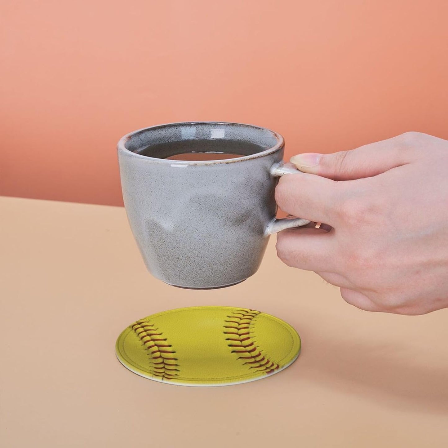 6 Pcs Softball Drink Coasters with Holder Coasters for Drinks Coffee Table Home Decor Housewarming Gift