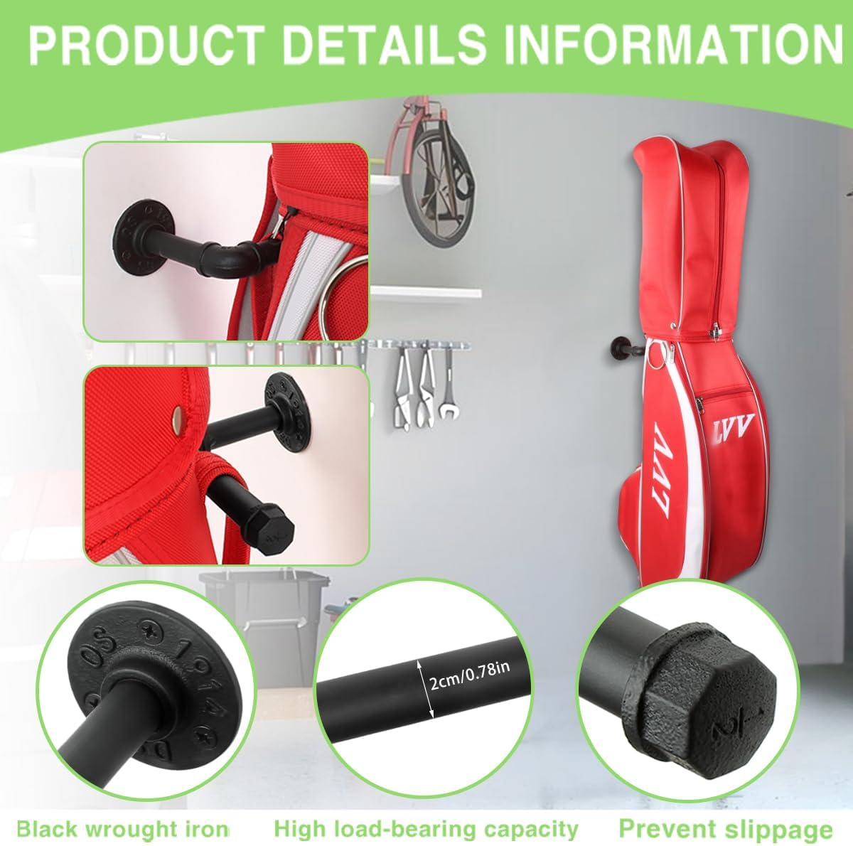 BiJun Wall Mount Golf Bag Storage Rack,Golf Bag Holder Garage Golf Bag Organizer Golf Bag Stand Golf Bag Storage Rack Hangers for Storage Space for Garage