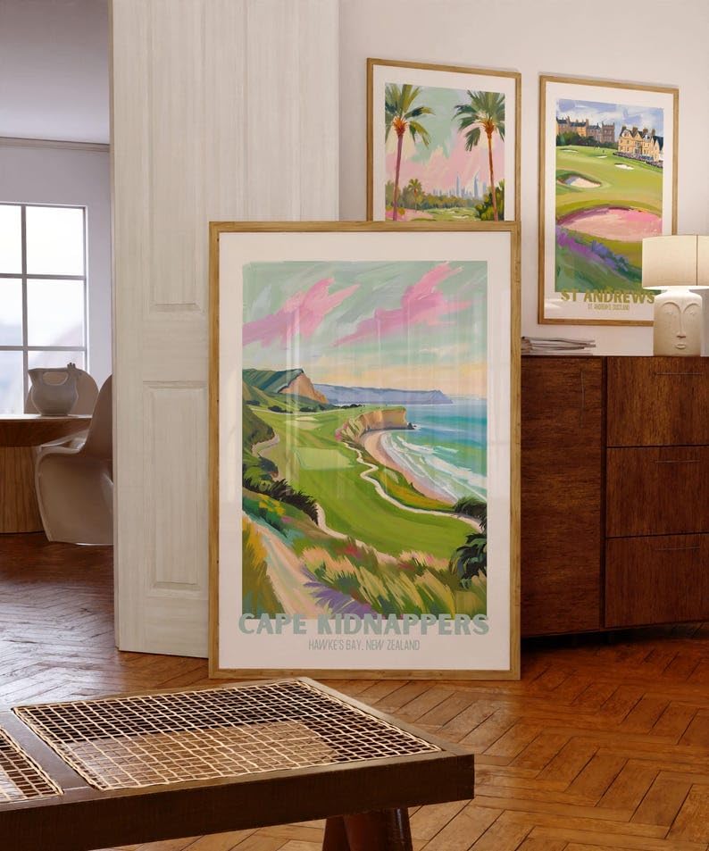 Nationcog Golf Wall Art Print, Cape Kidnappers New Zealand Golf Course Poster, Scenic Coastal Painting, Trendy Sports Decor, Vintage Golf Artwork, Ideal Gift for Golf Lovers (Unframed) (12x18)
