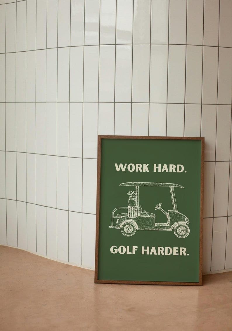 Work Hard Golf Harder Poster, Funny Retro Golf Cart Wall Art Print, Vintage Sports Decor for Man Cave or Office, Retro Golf Artwork for Dog Lovers, Husband, or Golf Friends (Unframed) (24x36)