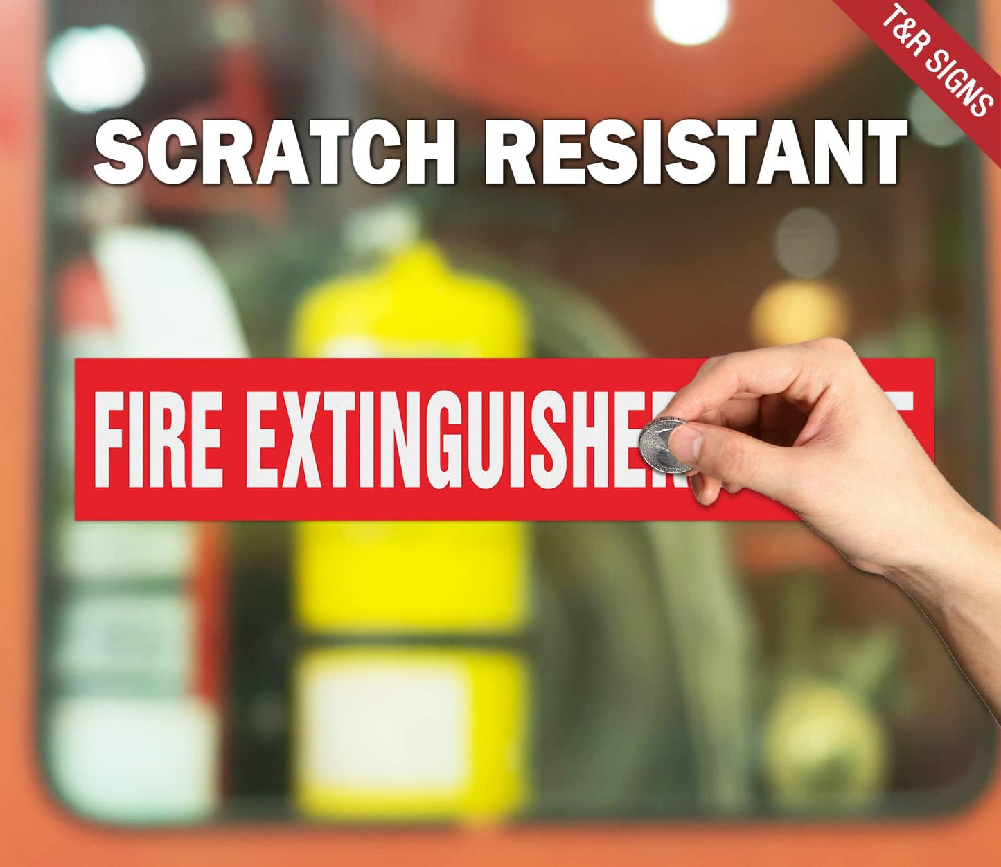 T&R Fire Extinguisher Inside Sign Stickers - 10 Pack - 9" x 1.7" Self-Adhesive Vinyl Reflective, UV resistant, Waterproof, Fade and Scratch Resistant, Suitable for Vehicles Indoor and Outdoor - Red
