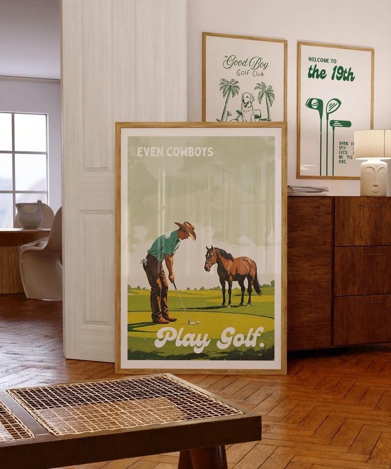 Even Cowboys Play Golf Poster, Retro Western Wall Art Print, Funny Cowboy Playing Golf with Horse, Vintage Style Golf Decor, Funny Golf Poster, Ideas for Bar, Lounge, or Game Room (Unframed) (20x30)