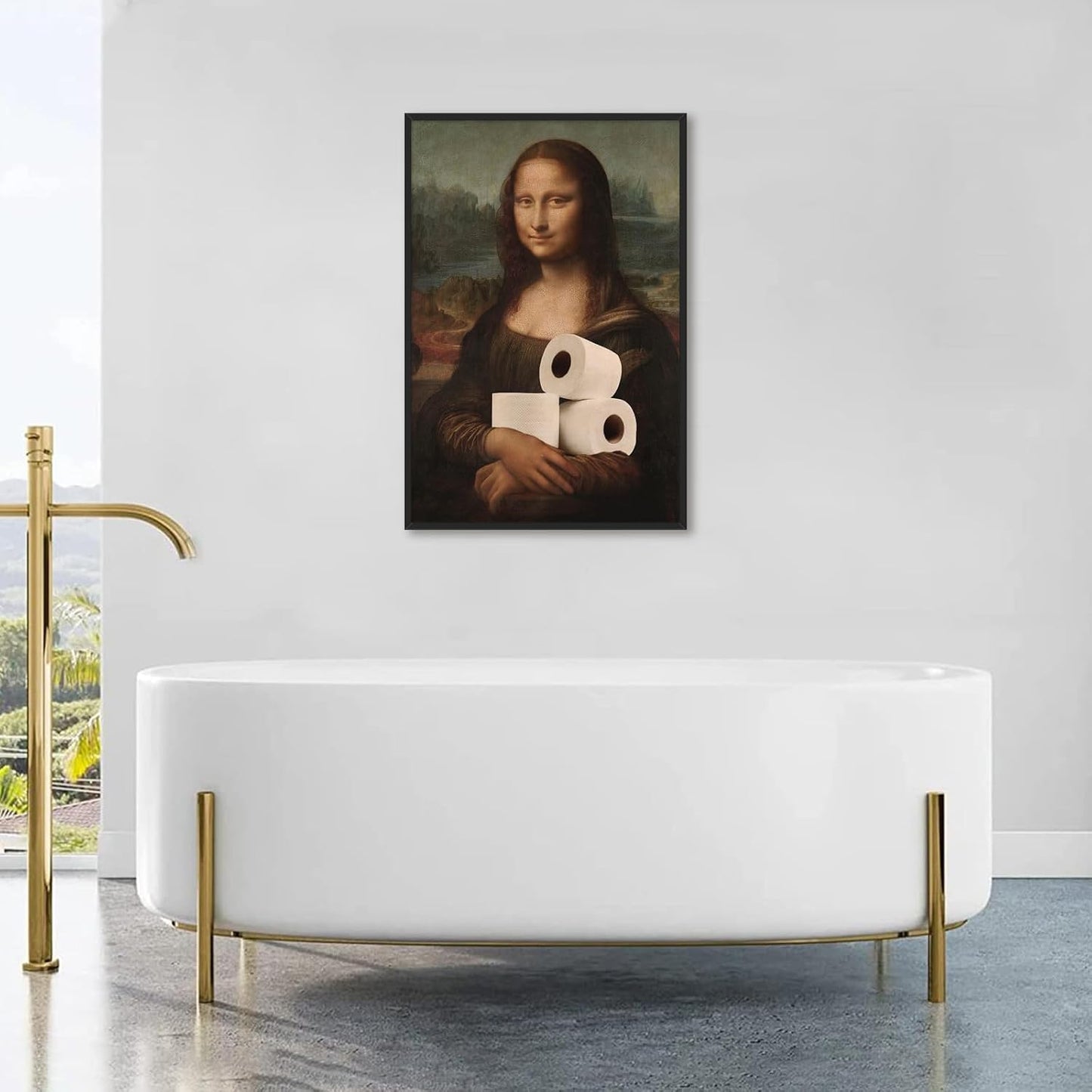 Funny Bathroom Wall Art Classical Oil Painting Mona Lisa and Toilet Paper Poster Amusing Prank Canvas Prints Vintage Humor Wall Decor for Restroom 20x30in Framed