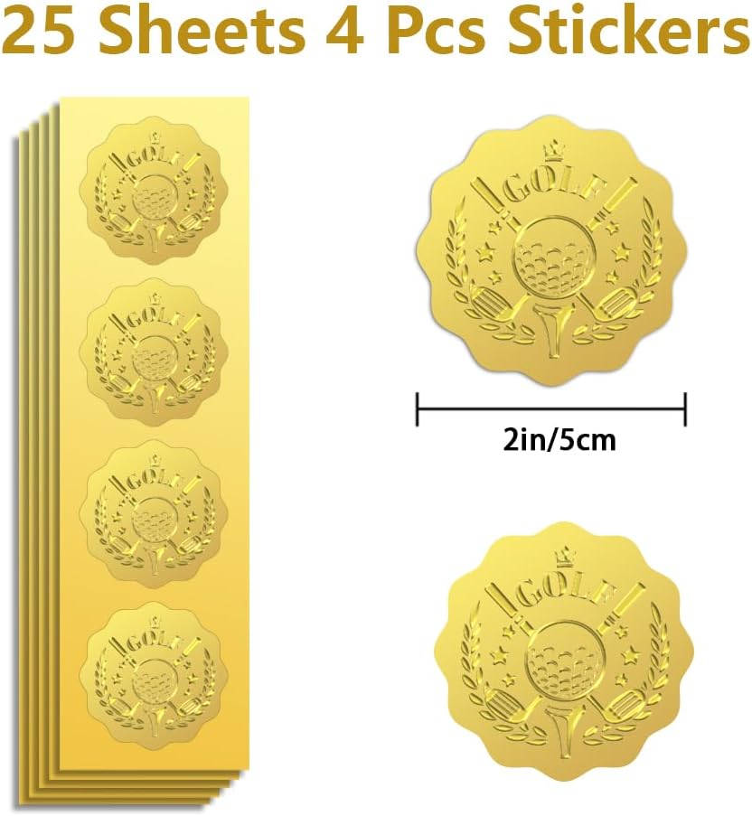 Peacoblue Gold Foil Stickers Seals Embossed 2 Inch 100Pcs Golf Ball, Self Adhesive Gold Around Embossing Sticker for Sport Certificate Paper Envelope Seal Gift Card Present Decoration