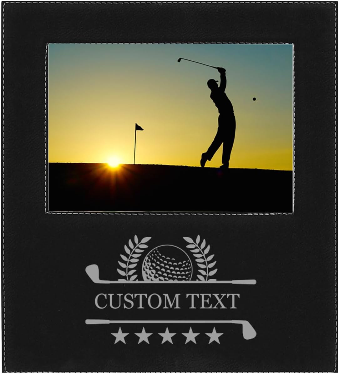 Crossed Golf Clubs, Golf Ball Faux Leather Black Leatherette Personalized Group Picture Family 5x7 Custom Landscape Horizontal Kid's Photo Customized Frame