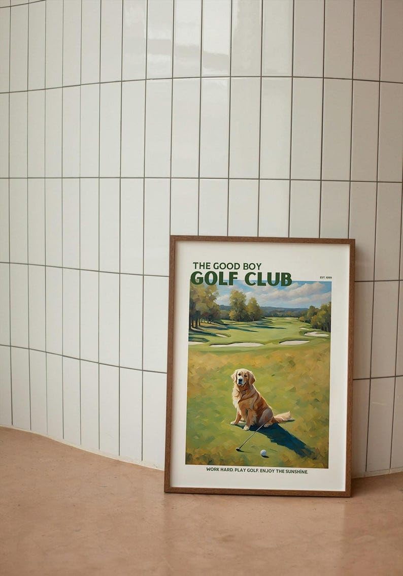 Nationcog Good Boy Golf Club Poster, Golden Retriever Dog on Golf Course Wall Art, Funny Retro Golf Print, Retro Golf Artwork for Dog Lovers, Husband, or Golf Friends (Unframed) (27x40)