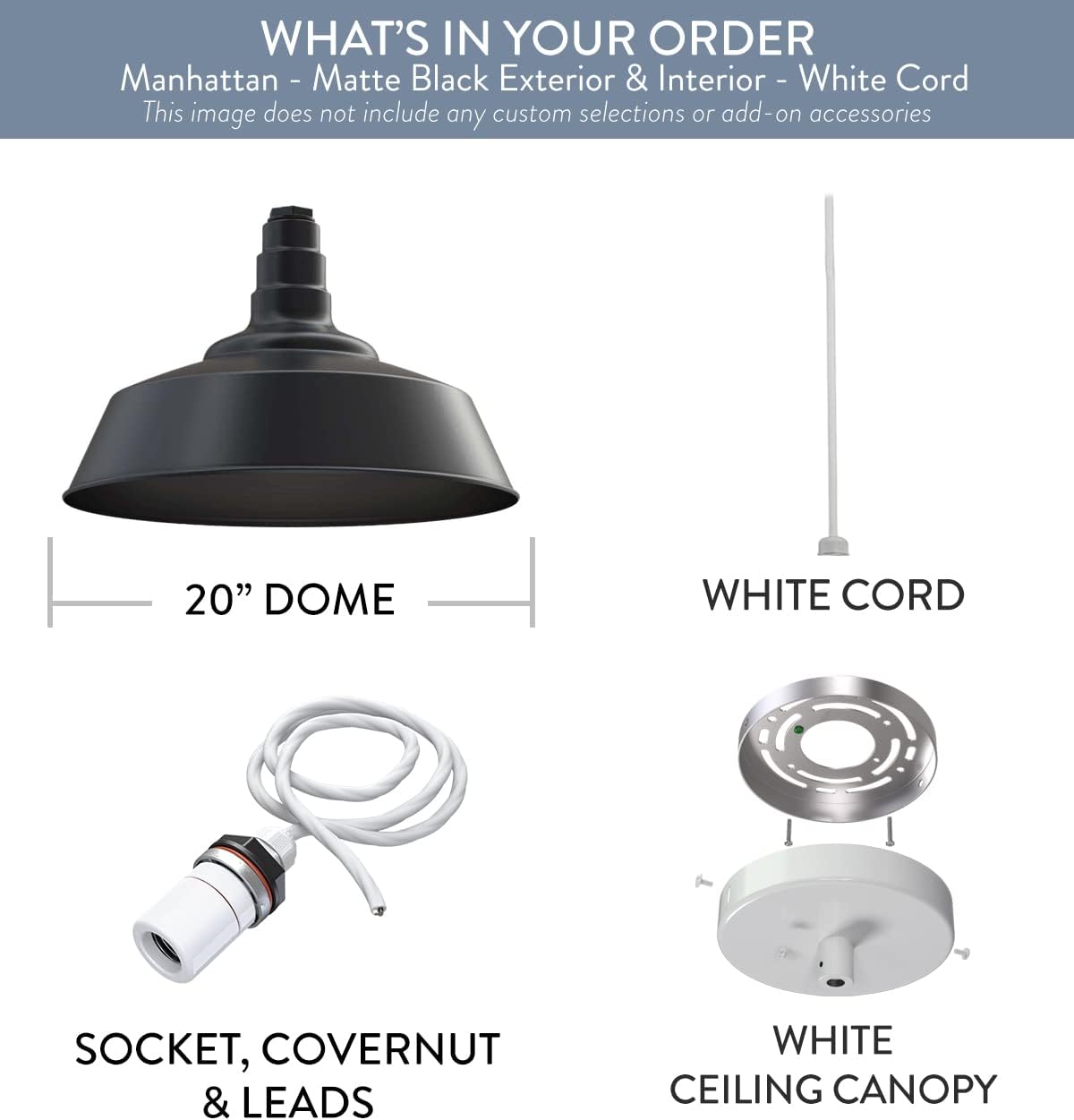 Steel Lighting Co. Manhattan Warehouse Light | Ceiling Mounted Pendant | 20 inch Dome | White Cord | Large Steel Barn Light Made in America | Matte Black Exterior/Matte Black Interior