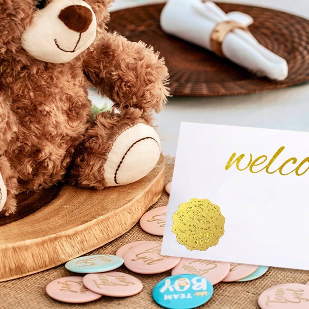 Peacoblue Gold Foil Sticker Seal Embossed 2 Inch 100Pcs Teddy Bear with Thank You, Self Adhesive Gold Around Embossing Sticker for Baby Shower Invitation Certificate Envelope Seal Gift Card Decoration