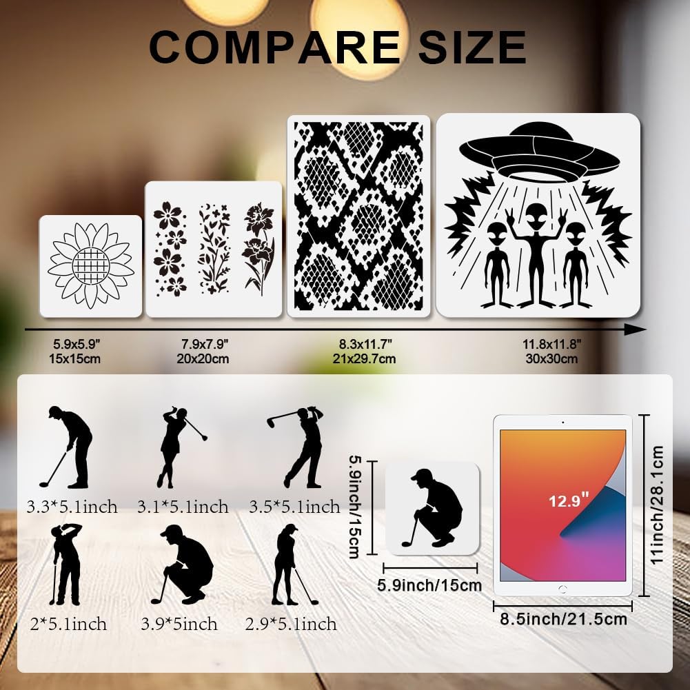 MAYJOYDIY 10 Pcs Golf Stencil Set Reusable Golfer Silhouette Stencils for Painting 5.9x5.9 Inches Sports Ball Drawing Templates with Paint Brush for Shirt Wood Wall Cards Home Gift Decoration