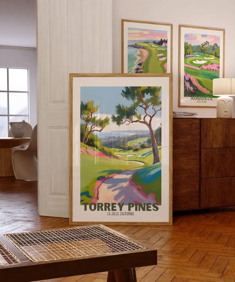 Nationcog Torrey Pines Golf Course Poster, Vintage California Travel Wall Art Print, Retro Coastal Landscape Painting, Retro Golf Artwork for Dog Lovers, Husband, or Golf Friends (Unframed) (20x30)