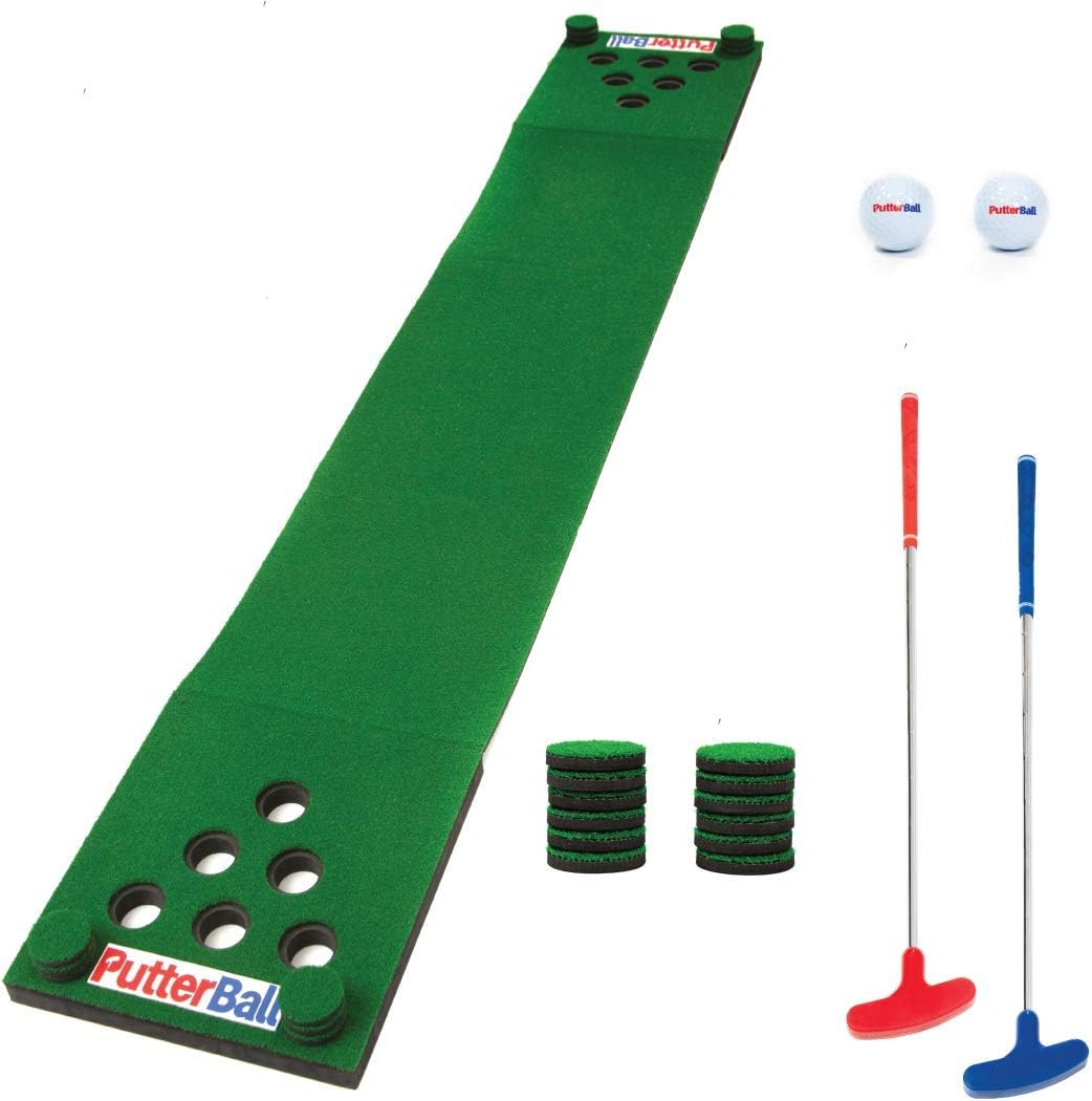 PutterBall Original Golf Putting Game Set – Backyard 12 ft Putting Green Pong Style Golf Mat with 2 Putters, 2 Balls & Hole Covers (PutterBall Original)