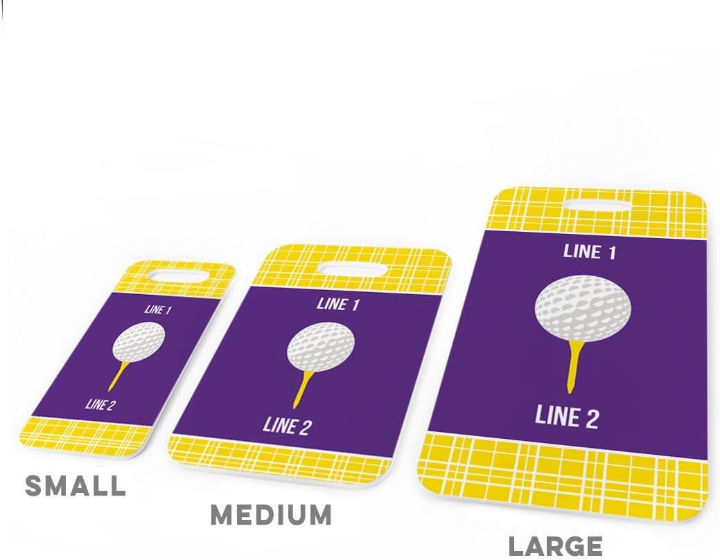 ChalkTalkSPORTS Golf Luggage & Bag Tag | Personalized Team with Golf Ball | Standard Lines on Back | Large | Yellow/Purple