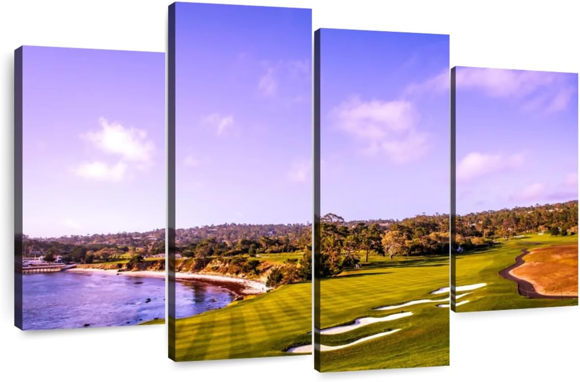 Elephant Stock Coastline Green Golf Course Wall Art - Horizontal Canvas - 4-Piece Living Room Wall Decor - Photography Sports Canvas Print - Blue and Gray Decor for Wall - 36" X 22"