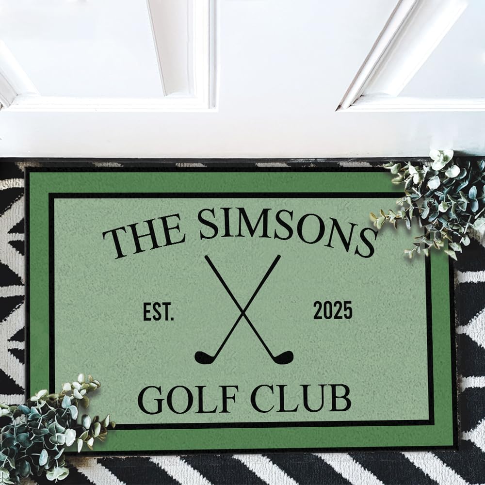 Custom Golf Club Doormat – Personalized Welcome Mat with Family Name & Est. Year – Green Putting Flag Design – Non Slip Outdoor Entry Rug for Porch, Garage, or Golf Lover Home Décor