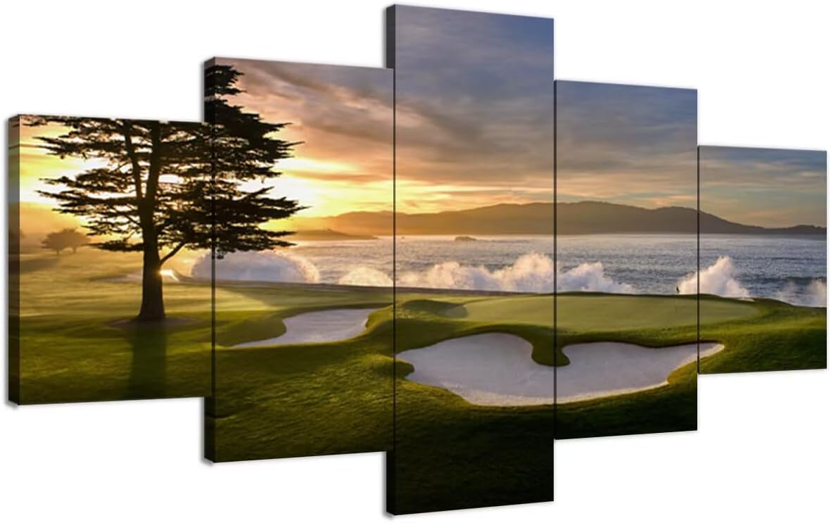 Pebble Beach Golf Course Wall Art for Living Room Bedroom Bathroom Office Wall Decorations Golf Course Pictures Canvas Prints Modern Framed Artwork Ready to Hang(60''W x 32''H)