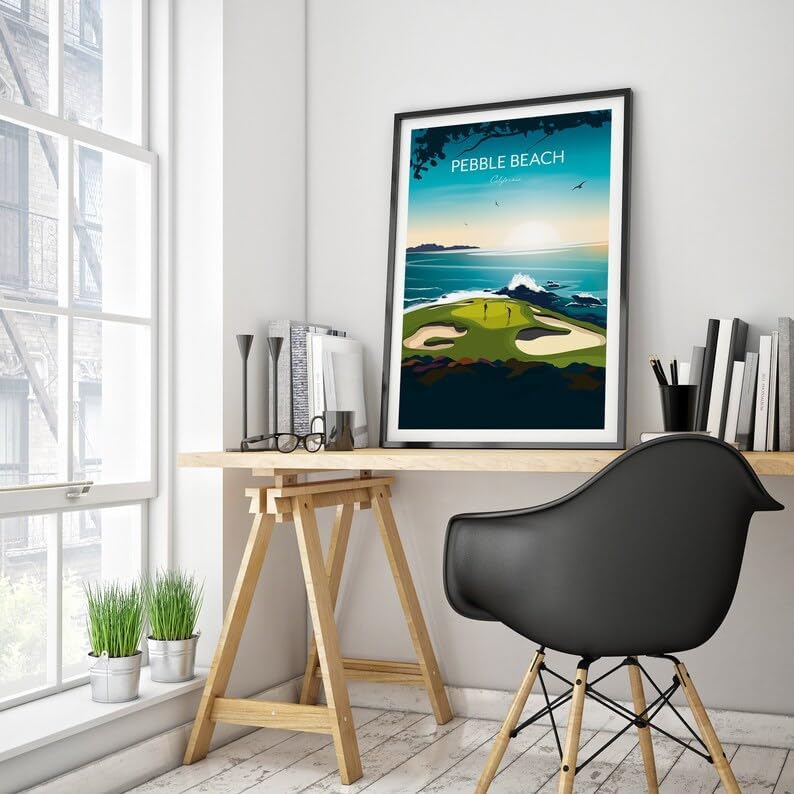 Nationcog Pebble Beach, California Golf Print - US Open Golf Travel Poster, Pebble Beach Golf Poster, California Golf Course Art, Scenic Ocean Golf Print, Luxury Golf Resort Decor (Unframed) (27x40)