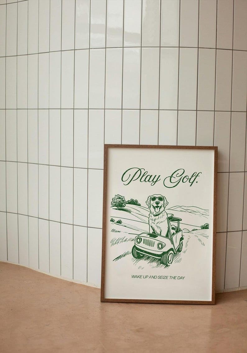 Golf Wall Art Print, Play Golf Poster with Golden Retriever in Cart, Retro Sketch Artwork, Trendy Sports Decor, Inspirational Golf Quote Print, for Dog Lovers (Unframed) (16x24)