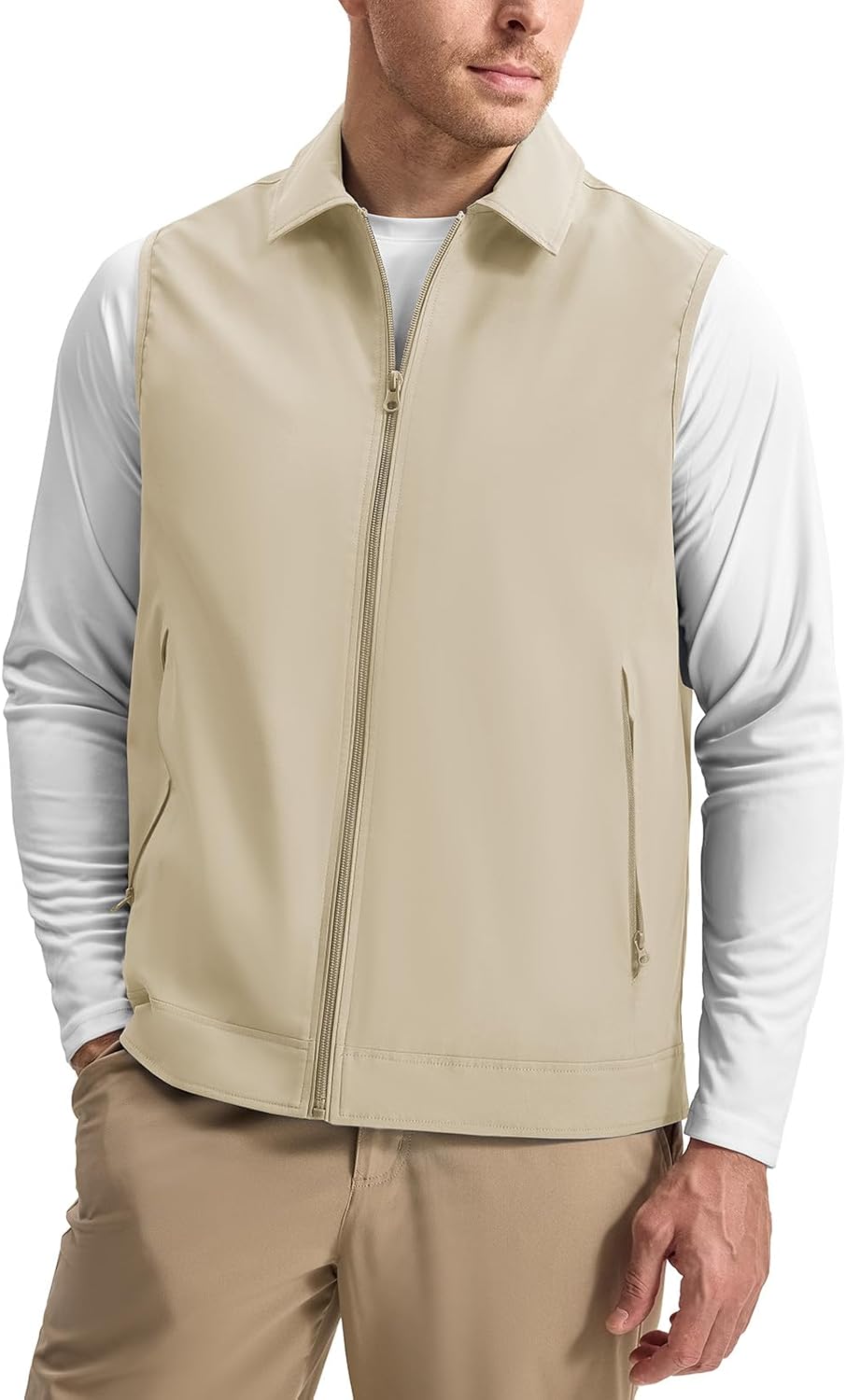 Rdruko Men's Golf Vest Lightweight Outerwear Windproof Water Resistant Grid Lining Vest with Zipper Pockets for Casual