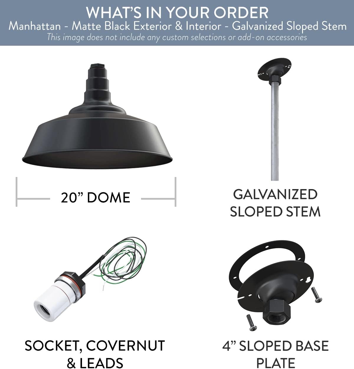 Steel Lighting Co. Manhattan Warehouse Light | Ceiling Mounted Pendant | 20 inch Dome | 12 inch Sloped Stem | Large Steel Barn Light Made in America | Matte Black Exterior/Matte Black Interior